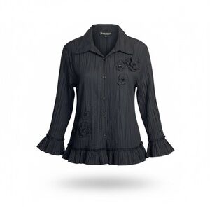 Tango Mango Deep Black, Long Sleeve Party Blouse w Ruffles and Embellishments